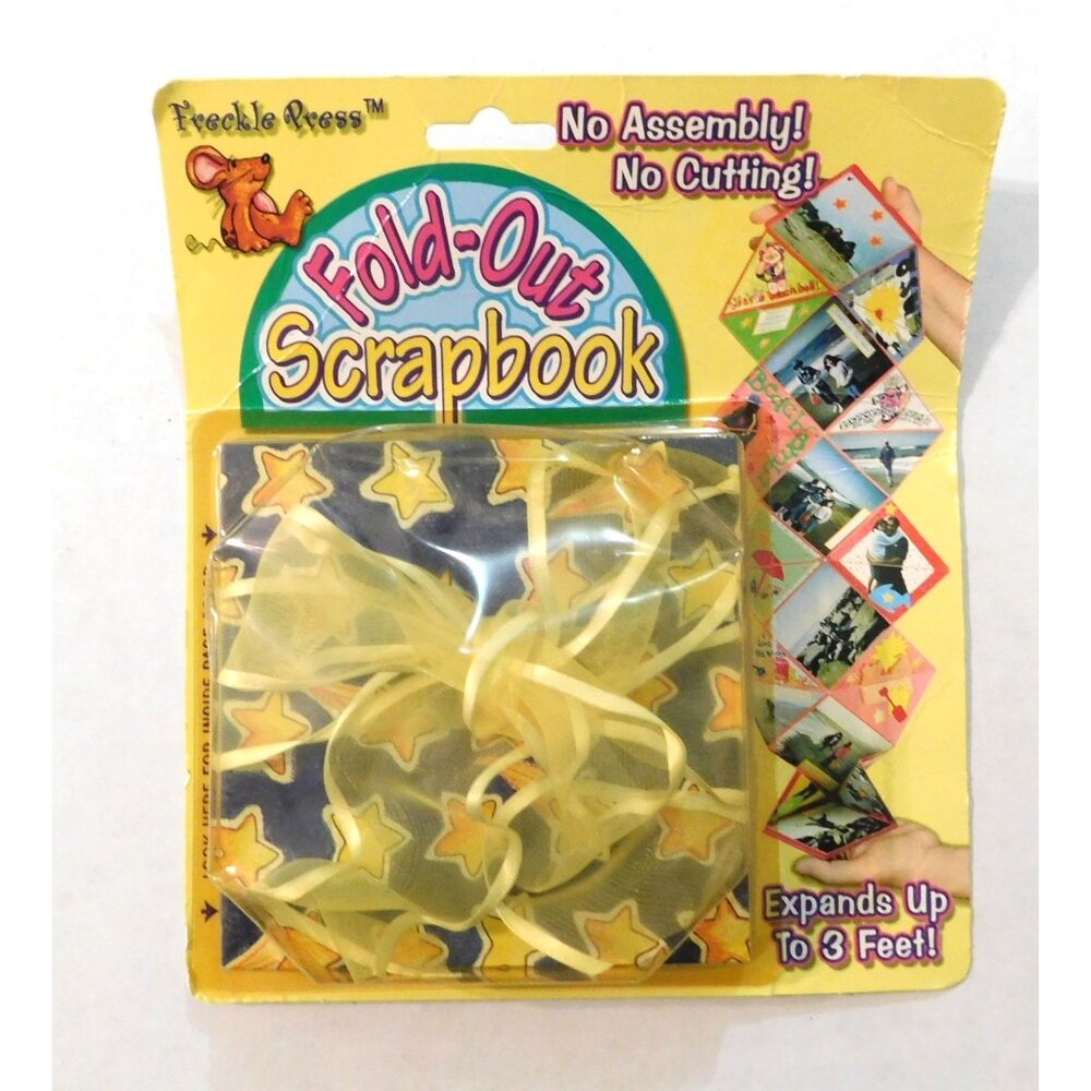Freckle Press Fold-Out Scrapbook Blue Yellow Stars Cover Ribbon Expands to 3 Ft
